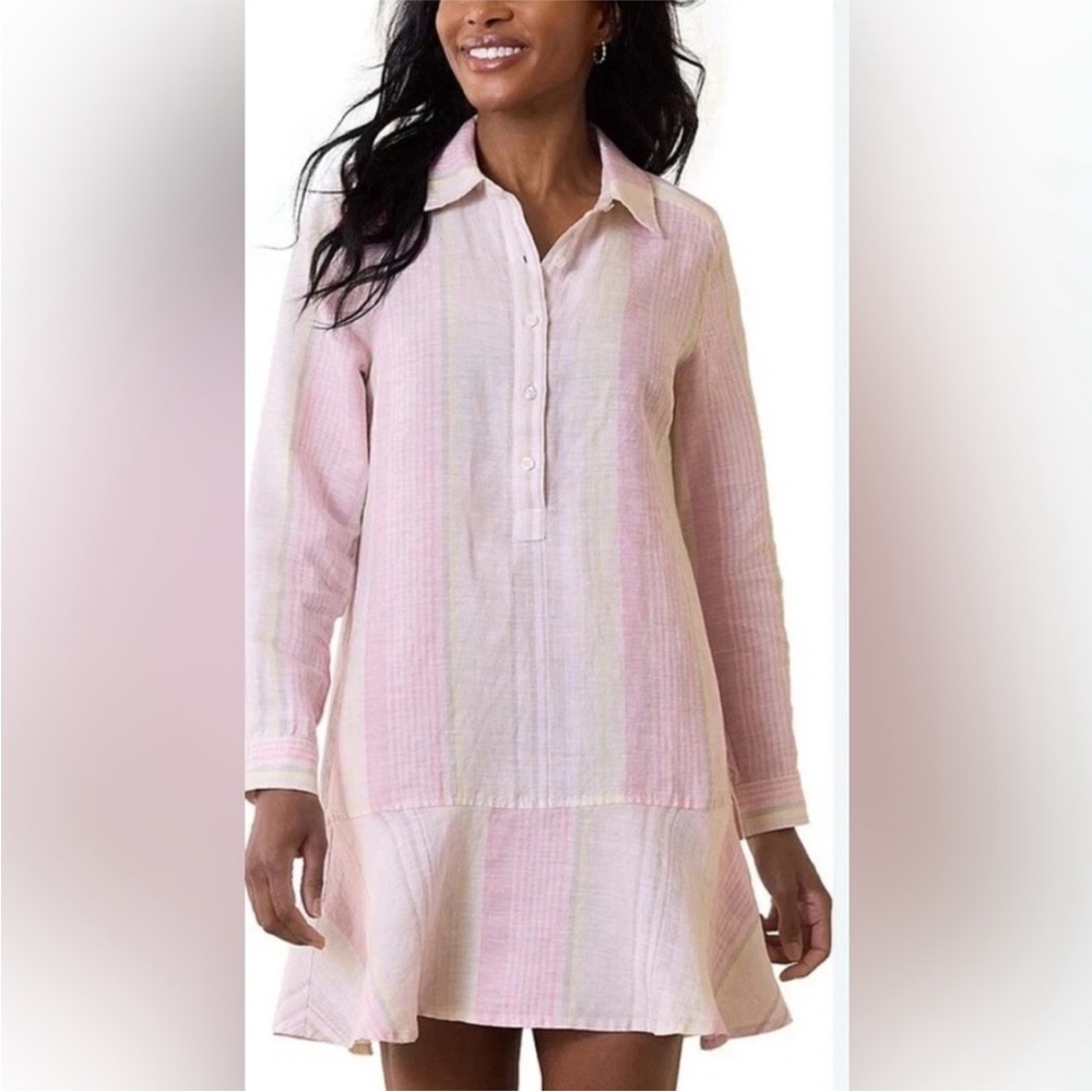 NWT Tommy Bahama Ocean Reverie Flounce Shirt Dress Linen SZ XS Pink Stripe